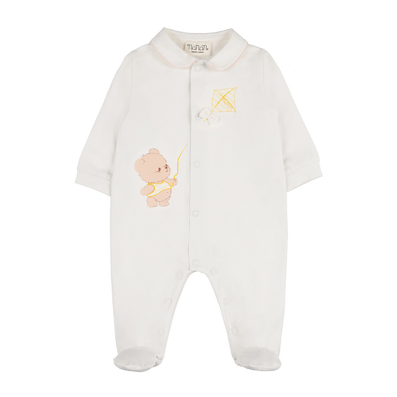 Off-white front opening babygro and teddy bear