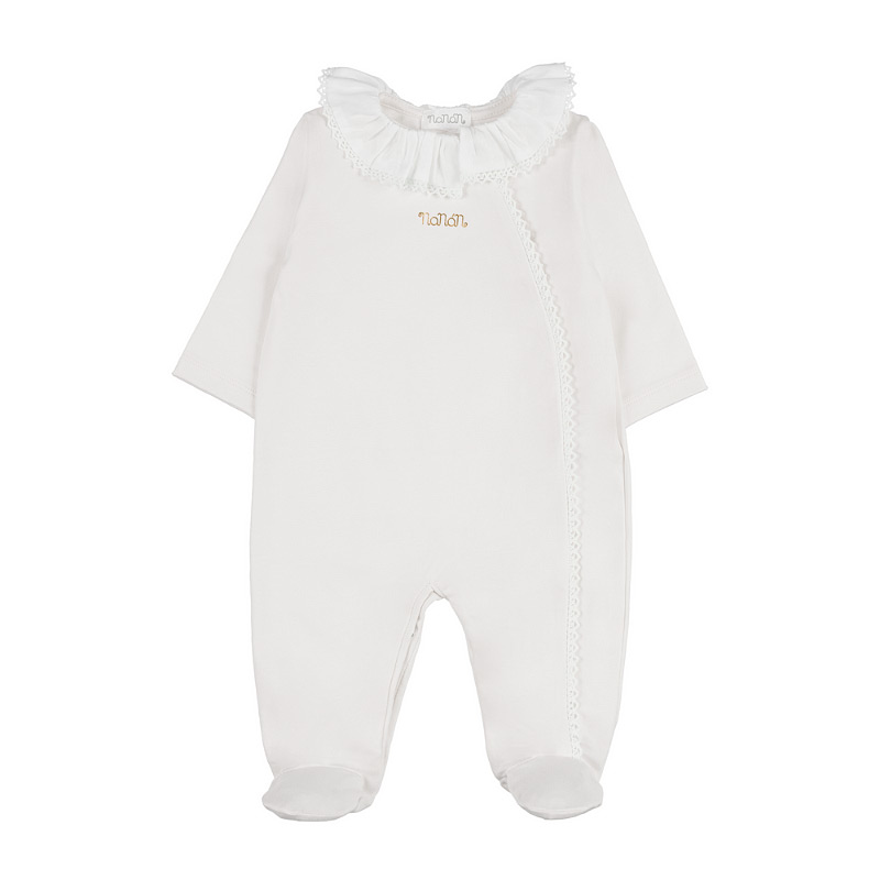 Off-white front-opening babygro with collar