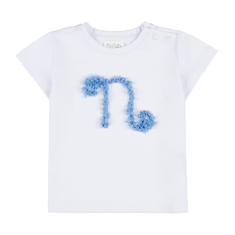 White T-shirt with light blue petals