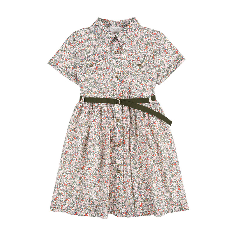 Green flowered shirtdress with belt