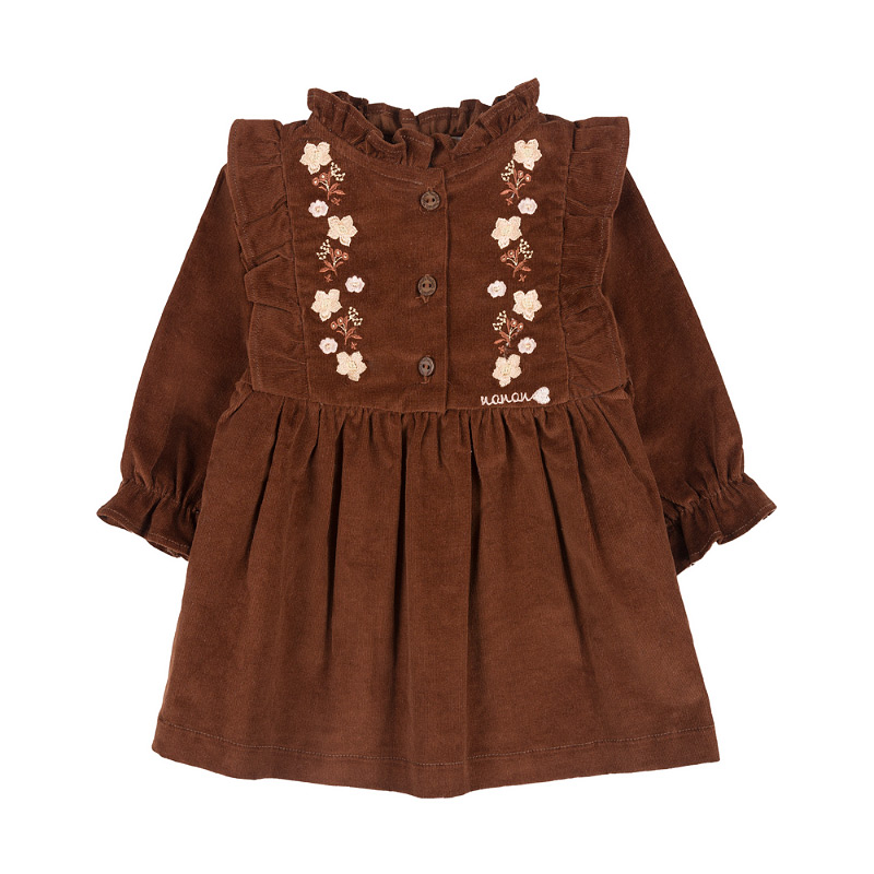Corduroy Dress With Embroidered Flowers
